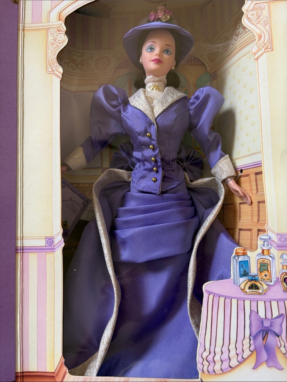 Barbie Avon exclusive Mrs. PFE Albee in lavender & White Striped Decorative Box